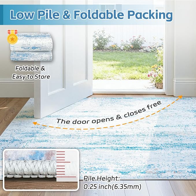 10x12 Area Rugs Washable Rug: Anti-Skid Abstract Modern Living Room Rug Soft Thin Carpets Indoor Floor Non-Shedding Carpet for Bedroom Dining Nursery Home Office (Light Blue/White/Beige,10'x12')