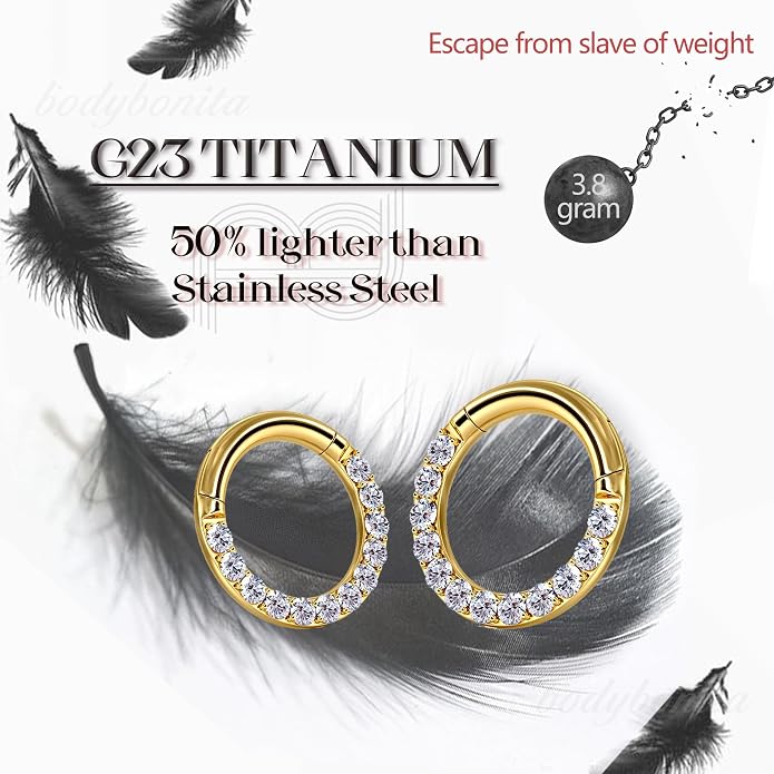 BodyBonita G23 Titanium 0G 2G 4G 6G 8G 10G 12G 14G CZ Septum Rings PA Nose Hoops Clicker Ear Weights for Stretched Ear Piercing Jewelry 10mm 12mm Silver/Gold/Black