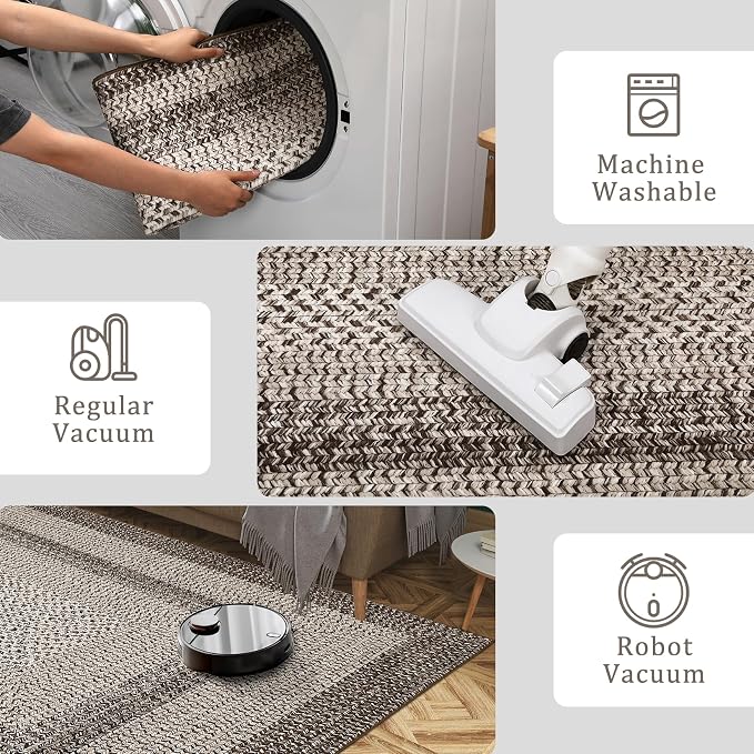 9x12 Living Room Rug Large Washable Rug Non Slip Boho Accent Braided Print Carpet Indoor Throw Floor Cover Farmhouse Rustic Area Rug Bohemian Border Carpet for Bedroom Home Decor, Mocha