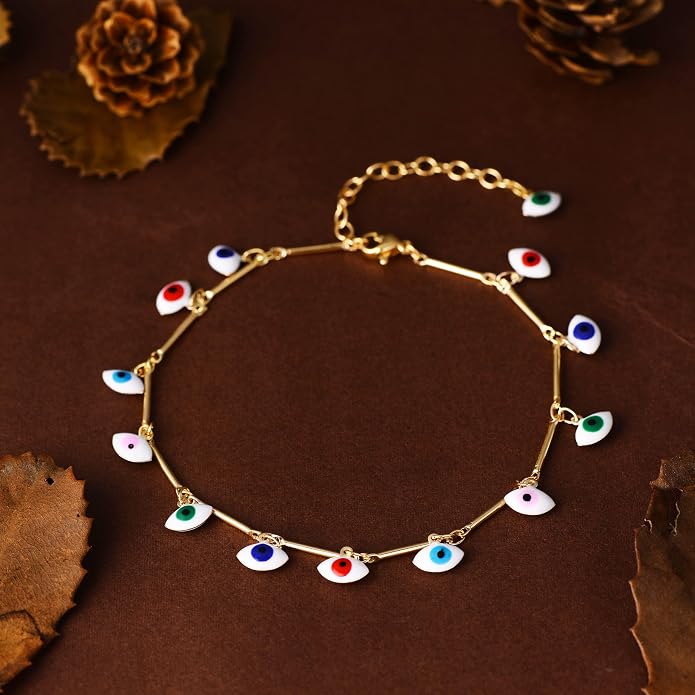 LOYATA Dainty Ankle Bracelet,14K Gold Plated Tiny Bead Anklet Dainty White Cubic Zirconia Cross Tassel Foot Chain Cute Lucky Moon Evil Eye Foot Jewelry Boho Anklets for Women
