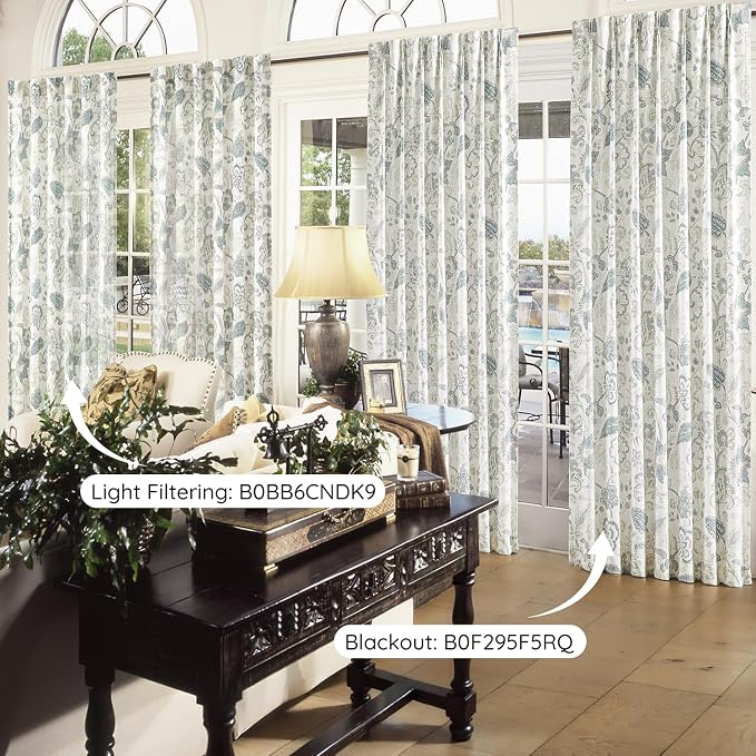 Kayne Studio Blue Grey Curtain Panels Linen Textured Botanical Leaf Print Floral Farmhouse Linen Curtain Drapes Light Filtering Window Treatments Living Room Bedroom Rod Pocket Back Tab,52"x102"x2