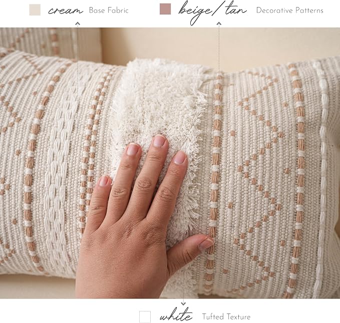 BlissBlush 12x20 Lumbar Pillow Cover, Cream Neutral Beige Rectangular Decorative Cushion Cover, Boho Accent Pillowcase with Tufted Details and Tassels for Couch Sofa Living Room (Cover Only)
