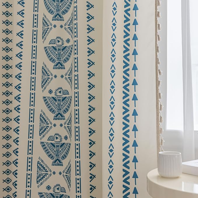 Blue Geometric Curtains 72 Inches Long, Boho Farmhouse Light Filtering Rod Pocket Drapes with Tassel Trim for Bedroom Living Room, 2 Panels