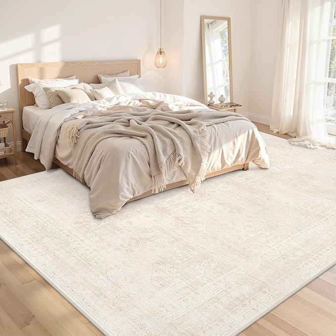 10x12 Area Rugs for Living Room: Vintage Boho Neutral Washable Rug Indoor Soft Large Area Rug Carpet for Bedroom Nursery Farmhouse Dining Room Office Floor Non-Slip Low Pile Under Table Rug Beige