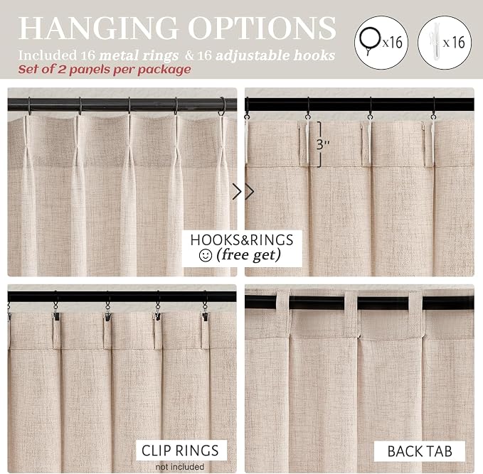 Unique Thick Natural Linen Pleat 86 Inch Curtains 2 Panels Set for Kids Bedroom, Country Farmhouse Memory Trained Pinch Pleated Burlap Light Filtering Sheer 40 x 86 Inches Length for Office with Hooks