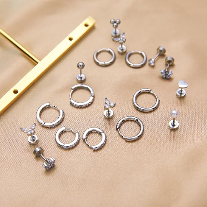 Stainless Steel Stud Earrings Set for Women Hypoallergenic Flat Back Cartilage Earrings Screw Back Huggie Hoop Earrings Multiple Piercing Cubic Zirconia Helix Tragus Jewelry