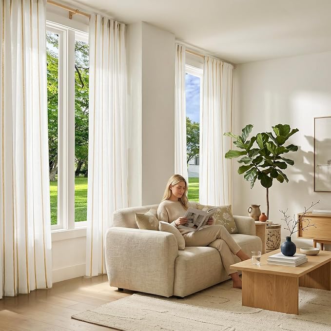 Vangao Striped Curtains Yellow on White Semi Sheer Curtains 84 Inches Long for Living Room Bedroom Modern Farmhouse Linen Textured Light Filtering Drapes 2 Panels Mustard Yellow W50 x L84 Inch