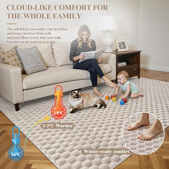 Vaukki 6x9 Area Rug for Living Room, Non Slip Washable 3D Bubble Living Room Rug, High Low Pile Hexagon Floor Mat for Bedroom, Modern Soft Fluffy Carpet for Dining Room, Office and Nursery, Beige