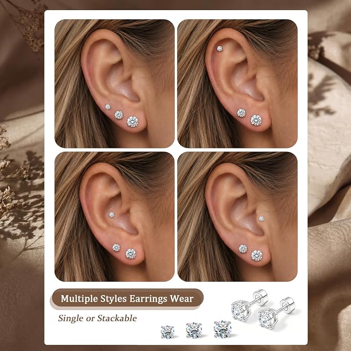 3 Pairs Moissanite Earrings, Flat Back Stud Earrings for Women Men, D Color VVS1 Hypoallergenic 925 Sterling Silver Post, Cartilage Helix Piercing Jewelry Set