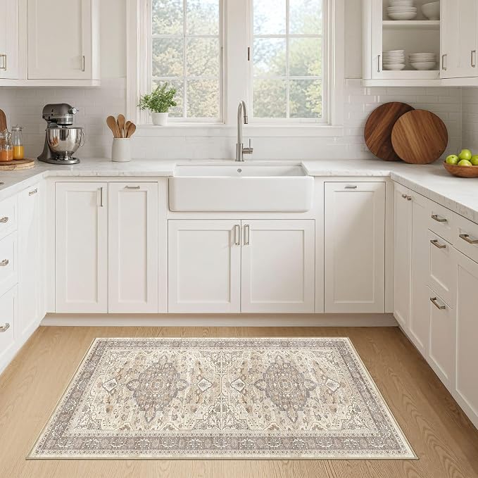2x4 Rug Washable Runner Rug: Small Vintage Neutral Non-Slip Soft Accent Doormat Stain Resistant Floor Throw Mat for Entryway Kitchen Bedroom Nursery Entry Dorm- Brown