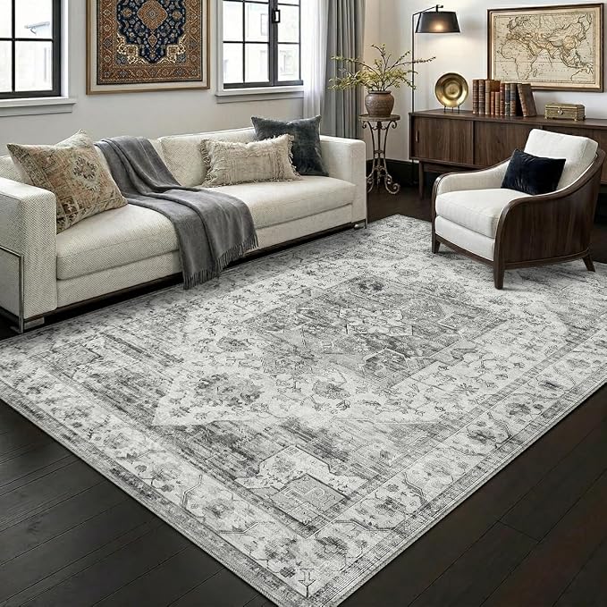 8x10 Area Rug for Living Room-Vintage Farmhouse Boho Floral Washable Stain Resistant Indoor Carpet for Bedroom Office and Home Decor(Black&Grey)