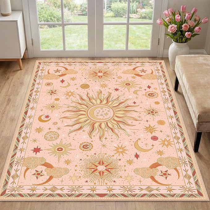 Vacuum-Friendly, 3x5 Washable Area Rug, Pink Gold Beige Red | Sun and Moon Boho Gothic Non-Slip Low Pile Living Roon Bedroom Dining Room Kitchen Entry Entryway Entrance Hallway Doormat
