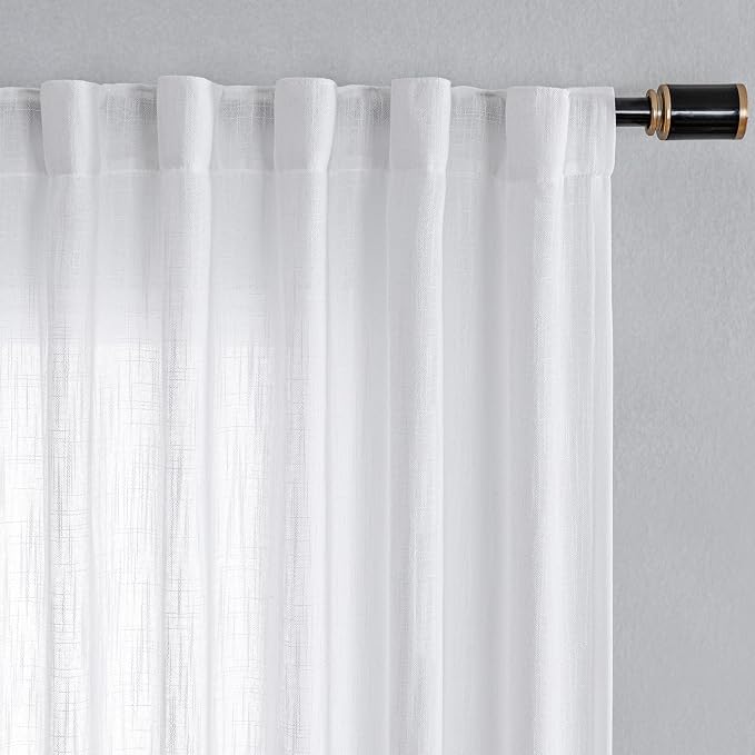 MYSKY HOME Patio White Curtains for Sliding Door, Living Room Curtains & Drapes Soft Cotton Farmhouse Window Treatments 90 inch Length 1 Panel Set Linen Look Semi Sheer Draperies, 100" W x 90" L