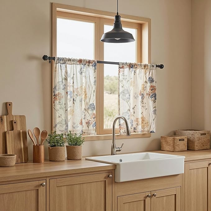 MYSKY HOME Floral Linen Kitchen Tier Curtains 36 Inch Length 2 Panels Farmhouse Light Filtering Privacy Small Window Treatments Rod Pocket for Bathroom Basement, Yellow, 30" Wide