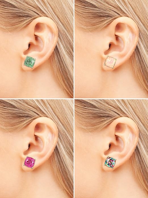 20 Pairs Druzy Stud Earrings for Women Glitter Stud Earring Princess Cut Cubic Zirconia Birthday Gifts for Women Mom Girlfriend(0.4 x 0.4 Inch,Square Style)