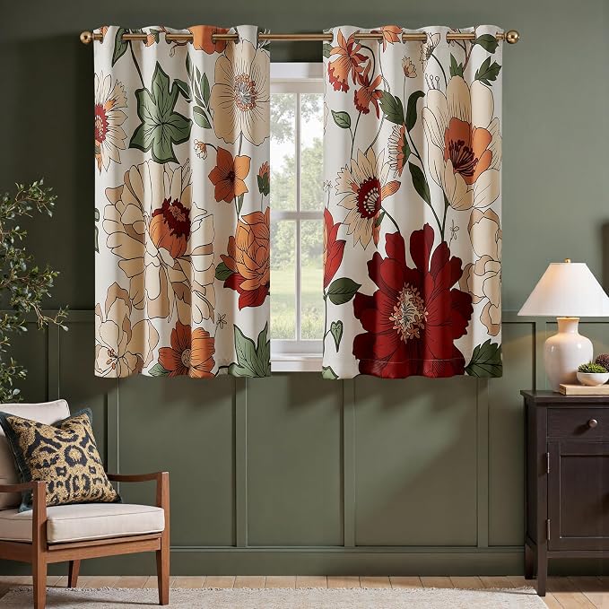 jinchan Beige Boho Floral Blackout Curtains 63 Inch Grommet 2 Panels | Room darkening, Vintage, living room, bedroom, privacy, floral print, flower pattern, fall decor, window treatments