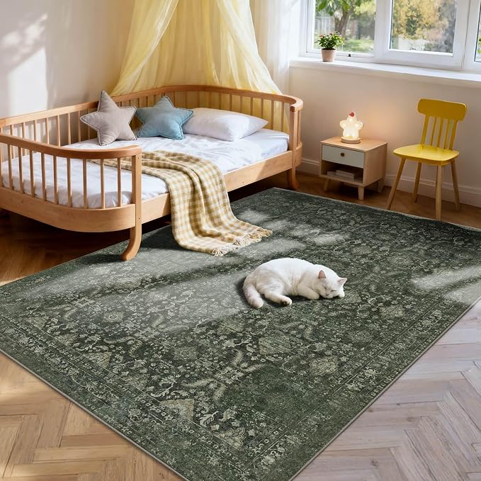 Rugxara Green 4x6 Area Rug Washable Rug for Living Room Bedroom Office | Non Slip, Throw Rug for Entryway Dining Room Kids Room, Stain Resistant, Soft, Low Pile, Vintage Boho Floral Carpet
