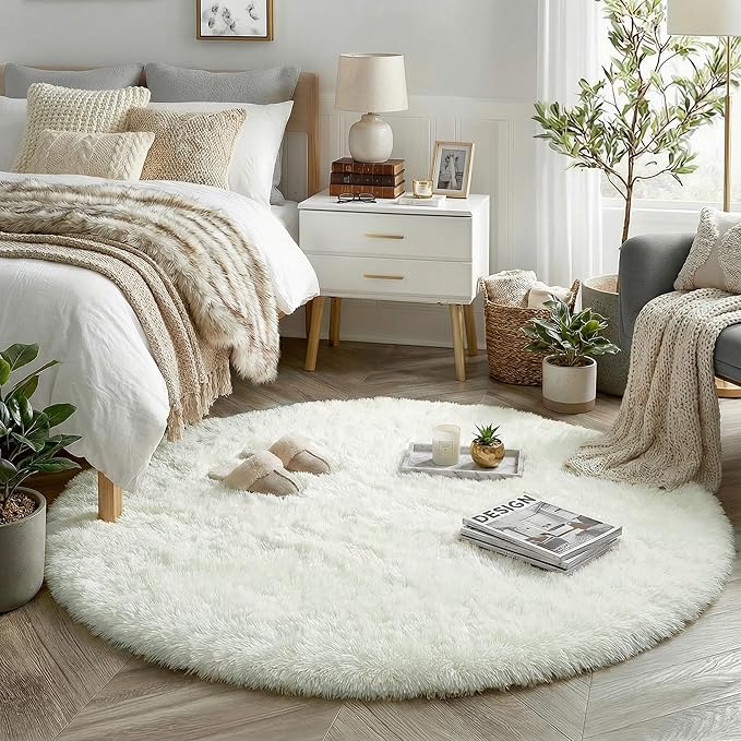 Amdrebio Ivory White Big Round Rug 7Ft for Kids Bedroom Aesthetic, Fluffy Fuzzy Furry Circle Area Rugs for Living Room, Large Plush Soft Shaggy Cream Carpet for Baby Nursery Classroom Teen Girls Boys