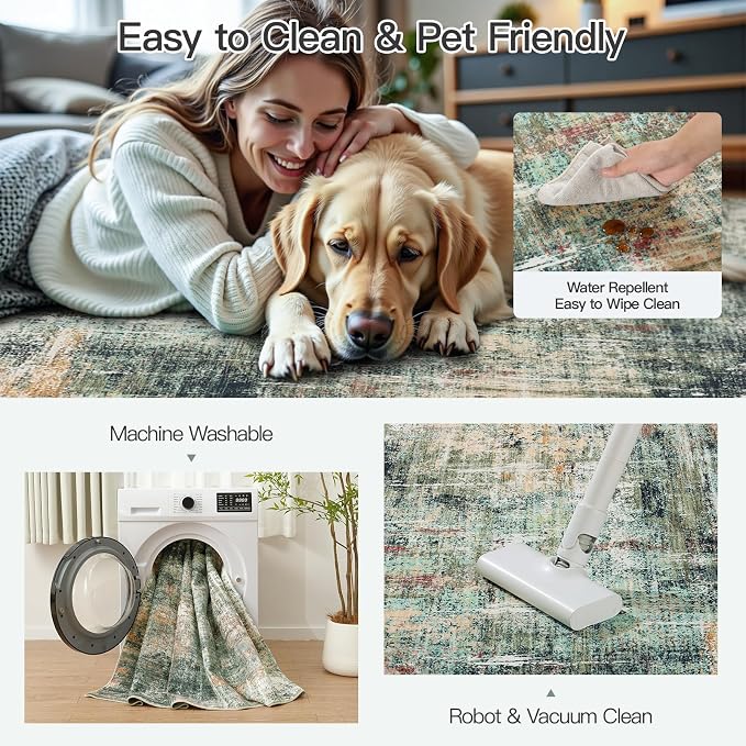 Lofus 8x10 Area Rug for Living Room, Coffee Green Abstract Large Rugs with Non-Slip Backing, Neutral Modern Washable Carpet for Bedroom Dining Room Home Office Nursery Indoor