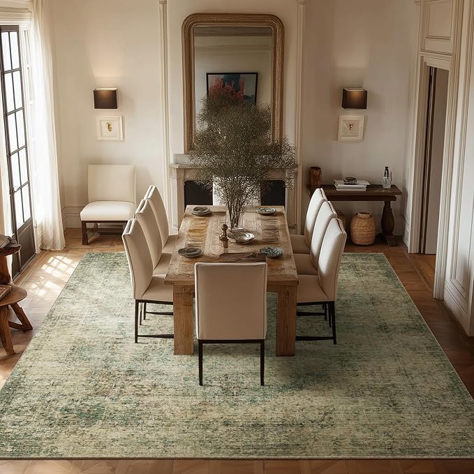 Machine Washable Rugs for Living Room: 10x14 Area Rugs for Bedroom Ultra Soft Non-Slip Low Pile Vintage Distress Boho Large Carpet for High-Traffic Dining Room - Farmhouse Decor