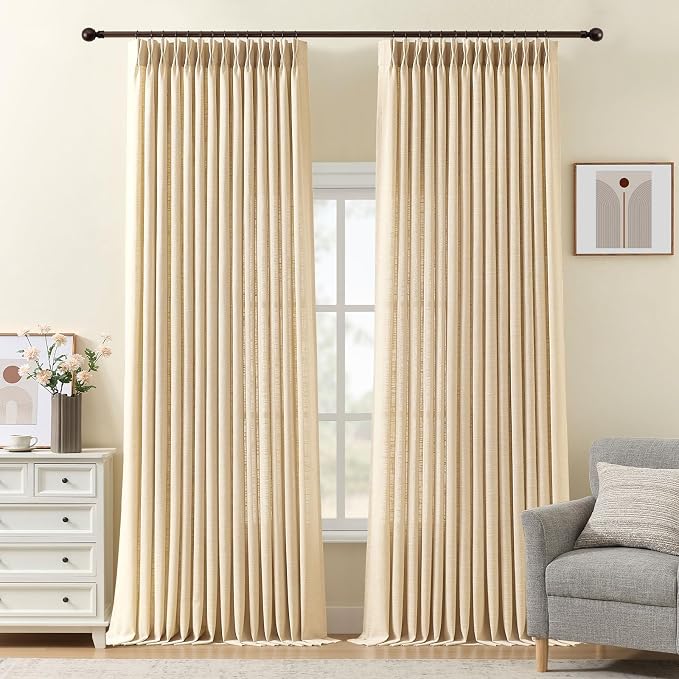 IVAPUPU 96 Inch Linen Curtains 2 Panel Set for Living Room, Pinch Pleated Sheer Curtain Rustic Textured Light Filtering Back Tab Drapes with Hooks Rings for Bedroom Dining Room, Sand Beige, W40xL96