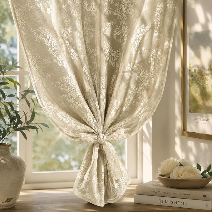 Yinhua Double Layer Kitchen Curtains 36 Inch Length Beige Blackout Curtains for Kitchen Rod Pocket Short Curtain for Windows, Small Window Curtain for Bathroom, Living Room, 2 Panels