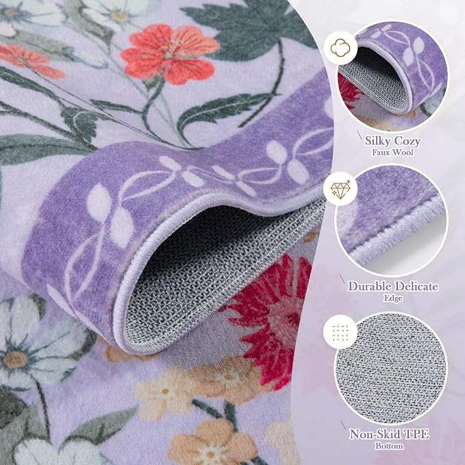 Wonnitar 4x6 Washable Area Rug, Purple Floral Rug for Girls Bedroom, Boho Soft Nursery Carpet, Non Slip Ultra Thin Entryway Mat, Lavender Kids Room Vanity Decor (4x6 Purple)