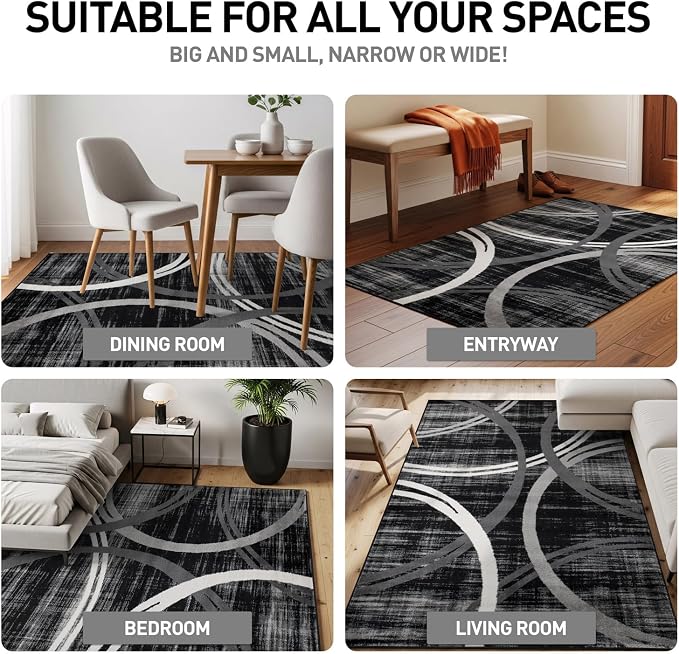 Rugshop Wavy Circles Modern Fade-Resistant Area Rug Black 6'6" x 9'