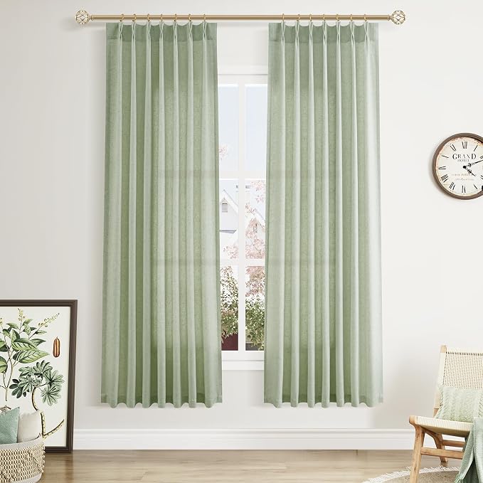 Aersas Mist Sage Pinch Pleated Linen Curtains 72 Inch Length 2 Panels for Living Room Bedroom Semi Sheer Window Curtain Boho Neutral Back Tab Pinch Pleat Drape with Hooks 40x72