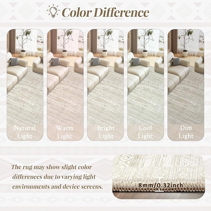Living Room Rugs 10x14: Washable Moroccan Geometric Boho Rug Farmhouse Non Slip Stain Resistant Large Rug Low Pile Soft Carpet for Bedroom Dining Room Kids Room (Ivory Beige,10'x14')