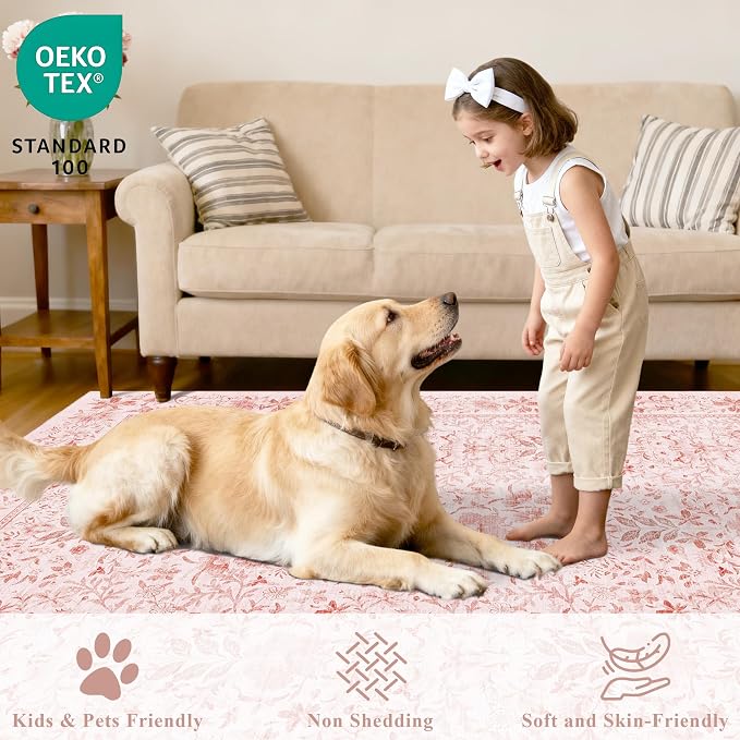 DUKINO 2.6x8 Runner Rug, Washable Vintage Floral Kitchen Rug, Pink | Non Slip, Low Pile, Non-Shedding, Stain Resistant, Soft Throw Carpet Runner for Hallway Bathroom Laundry Entryway Farmhouse