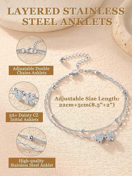 KeyStyle Initial Ankle Bracelets for Women, Stainless SteeL Heart Anklets – Waterproof Layered CZ Initial Anklets,Dainty Summer Foot Jewelry, Mom Birthday Surprises,Gold/Silver