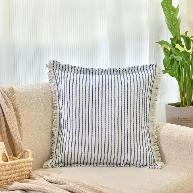 ZWJD Throw Pillow Covers 26x26 Set of 2 Striped Pillow Covers with Fringe Chic Cotton Decorative Euro Sham Pillows Square Cushion Covers for Sofa Couch Bed Living Room Farmhouse Decor(Bright Blue)