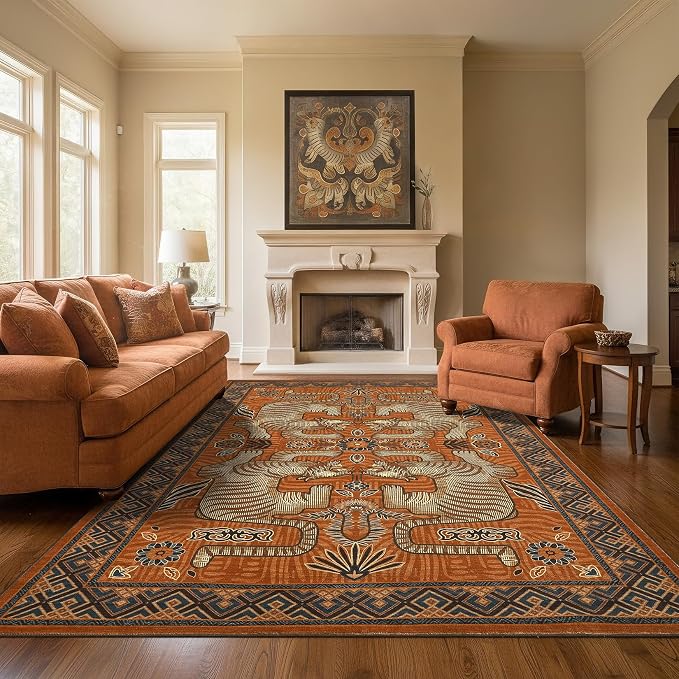 GarveeHome Large Tibetan Tiger Area Rugs 9x12 for Living Room, Boho Tribal Terracotta Washable Rug Soft Non Slip Vintage Mat Indoor Carpet for Bedroom Dining Room Playroom Nursery Decor