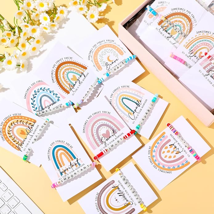 Landical Inspirational Best Friendship Bracelets for Teacher Rainbow Luminous Beaded with Motivational Quotes Card Friendship Encouragement Gift for Mom Women Sister Daughter Coworker