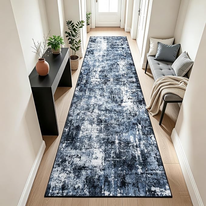 Rugflix 3x12 Runner Rug for Hallway, Washable Navy Blue Long Runners | Machine Washable; Stain-resistant; Low Pile; Non-slip; Modern Abstract; Black Carpet for Entrance Kitchen Hallway Home