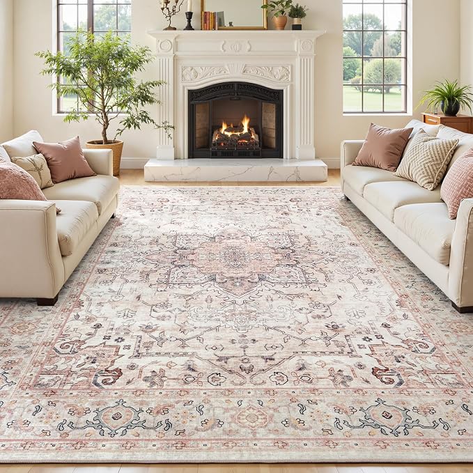 8x10 Dusty Pink Large Area Rugs for Living Room - Boho Light Pink Medallion Aesthetic Distressed Washable Rug, Soft Non-Slip Backing Low Pile Carpet for Playroom, Bedroom, Nursery