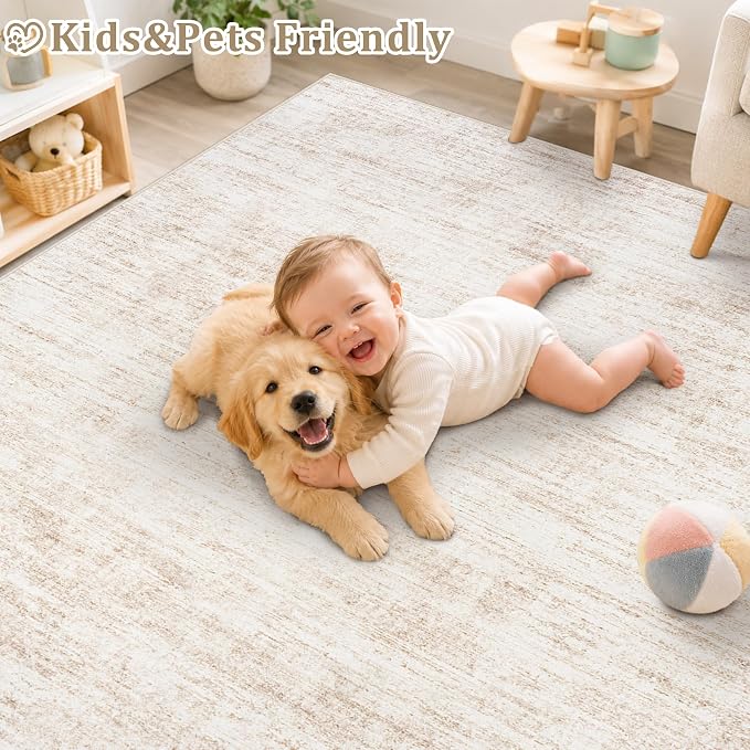 9x12 Area Rugs for Living Room Washable Rugs Neutral Abstract Large Rug Soft Modern Carpet Non-Slip Stain Resistant Low Pile Rug for Bedroom Dining Room Nursery Home Office Under Table Area Rug Beige