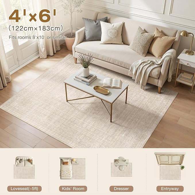 Nakagishi 4x6 Area Rugs Living Room: Washable Large Vintage Rug Neutral Non-Slip Soft Stain Resistant Indoor Carpet for Bedroom Nursery Dining Room Office Playroom - Beige