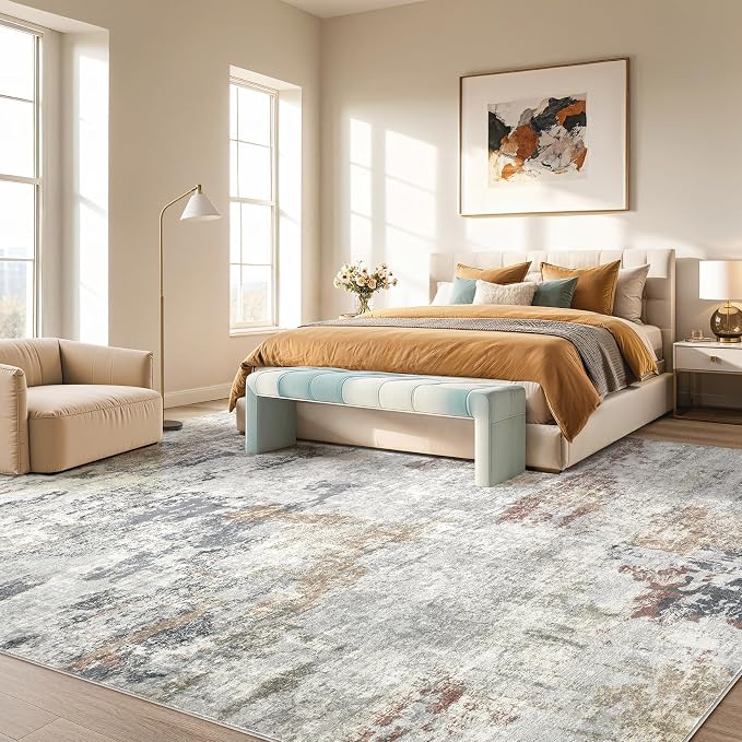 DMOYEST 8x10 Area Rug for Living Room, Washable & Non Slip Large Indoor Carpet, Kid & Pet Friendly Soft Thin Low Pile Abstract Rug for Bedroom and Office - Grey/Orange/Yellow