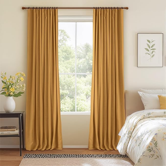 INOVADAY 100% Blackout Curtains for Bedroom, Mustard Yellow Black Out Curtains 102 Inch Long, Clip Rings Linen Blackout Drapes, Thermal Insulated Room Darkening for Living Room, 2 Panels - W50xL102