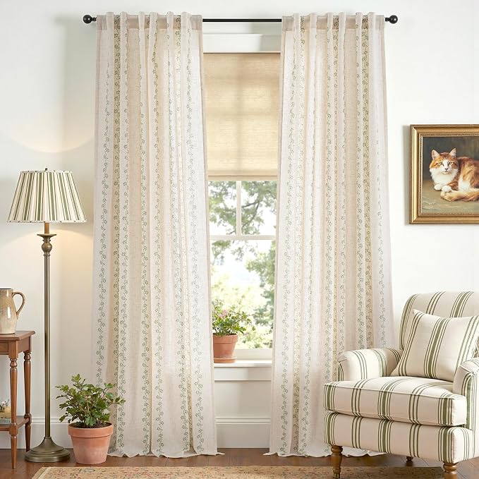 Lazzzy Cathy Linen Floral Curtains for Living Room Privacy Curtains Set of 2 for Bedroom Rod Pocket Back Tab Light Filtering Drapes 8 FT Farmhouse Cottagecore Decor 50"x96" Sage Green on Linen