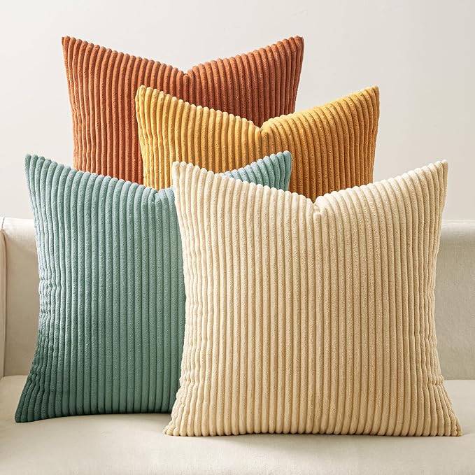 EMEMA Teal Orange Decorative Throw Pillow Covers 24x24 Inch Set of 4 Boho Farmhouse Corduroy Striped Square Pillow Case,Western Modern Cushion Covers for Couch Bed Livingroom Spring Home Decor