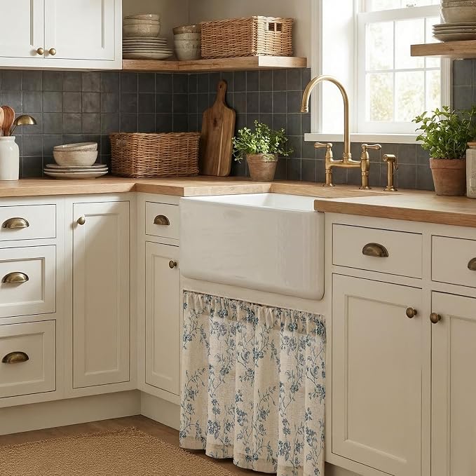 Lazzzy Elisa Floral Kitchen Curtains 24 Inch Linen Cafe Curtains Farmhouse Half Window Drapes Over Sink Light Filtering for Small Windows Rod Pocket Back Tab 2 Panels Blue on Beige