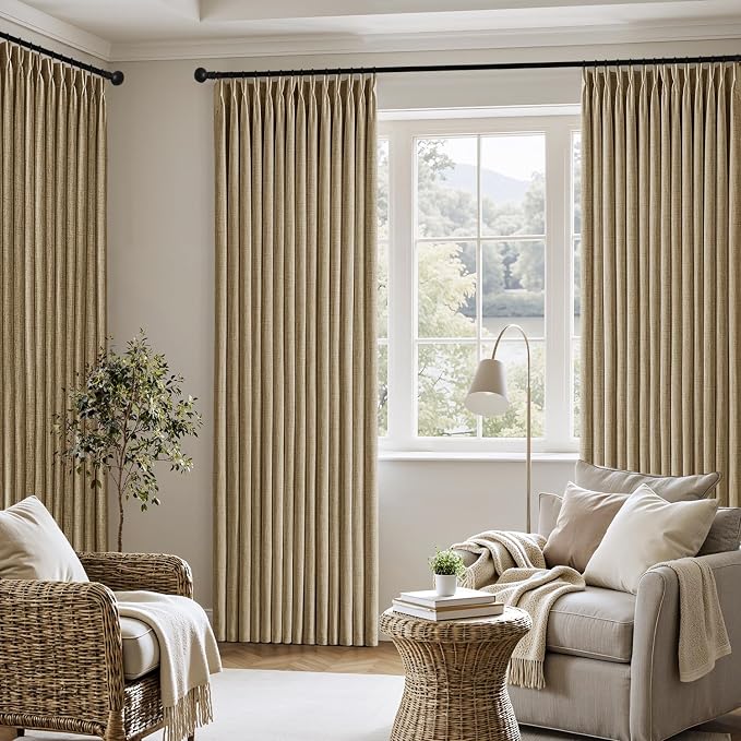 MIULEE Pinch Pleated Thick Linen Curtains 96 Inch 4 Panels Set Back Tab Memory Trained Pinch Pleat Semi Sheer Light Filtering Privacy Let Light in Window Drapes for Living Room Bedroom Copper Brown