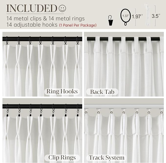 80 Inch Extra Wide Pinch Pleated Curtains 112 Inch Length for Living Room Large Window Drapes Light Filtering Privacy for Bedroom Back Tab with Hooks Clip Rings Beige White 80W x 112L