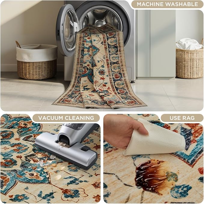Joydeco Washable 2x6 Hallway Runner Vintage, Beige & Blue & Reddish-Brown | Water Resistant Low Pile Non Slip Backing for Kitchen Entryway Bedroom Bathroom Dining Room