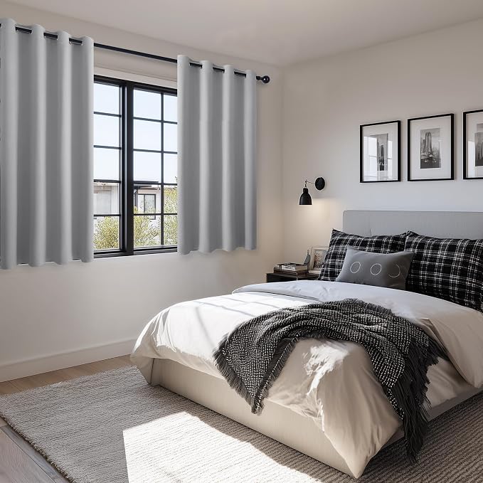 Hiasan Blackout Curtains for Bedroom, 52 x 54 Inches Long - Thermal Insulated & Light Blocking Window Curtains for Living Room, 2 Drape Panels Sewn with Tiebacks, Silver Grey