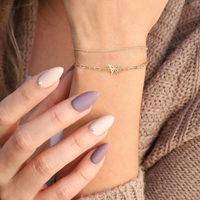 Dainty Gold Bracelets for Women, 14K Gold Plated Adjustable Layered Beads Bracelet Cute Evil Eye Oval Chain Pearl Bar Turtle Gold Bracelets for Women Jewelry
