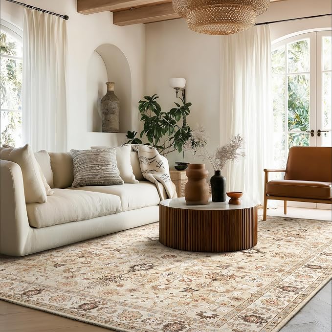 Washable Rugs for Living Room: 5x7 Area Rugs for Bedroom Ultra Soft Non-Slip Stain Resistant Vintage Boho Large Carpet for High-Traffic Dining Room - Farmhouse Decor